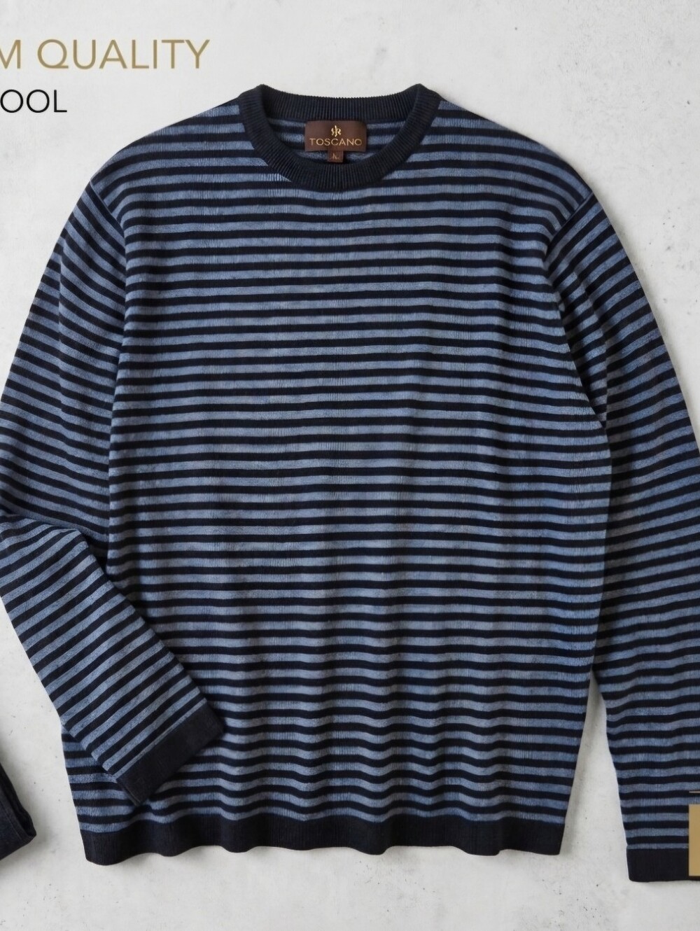 Toscano Men's Merino Wool Blend Knit Sweater Striped Blue Navy Crew Neck Size L